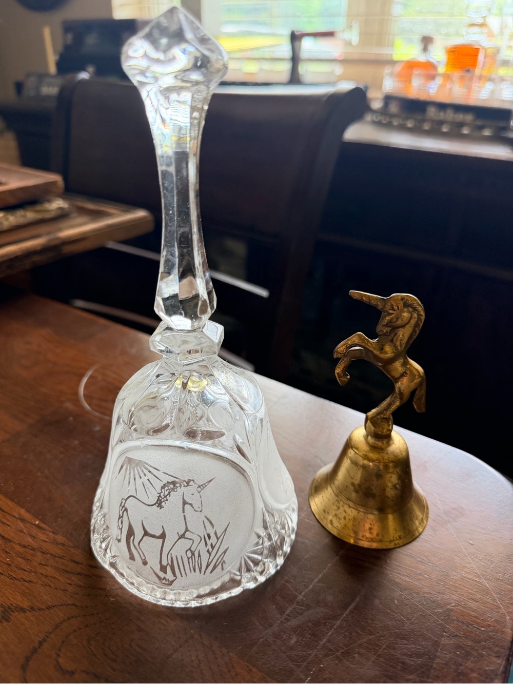 Pair of Vintage Unicorn Bells Cut Glass Bell + solid Brass Unicorn Stirrup Bell